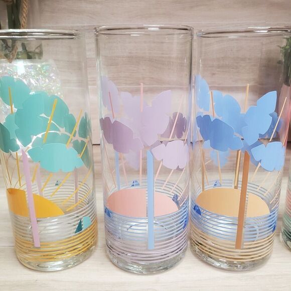 Vintage Tropical Highball Glasses Set of 4 Palm Trees - Picture 3 of 12